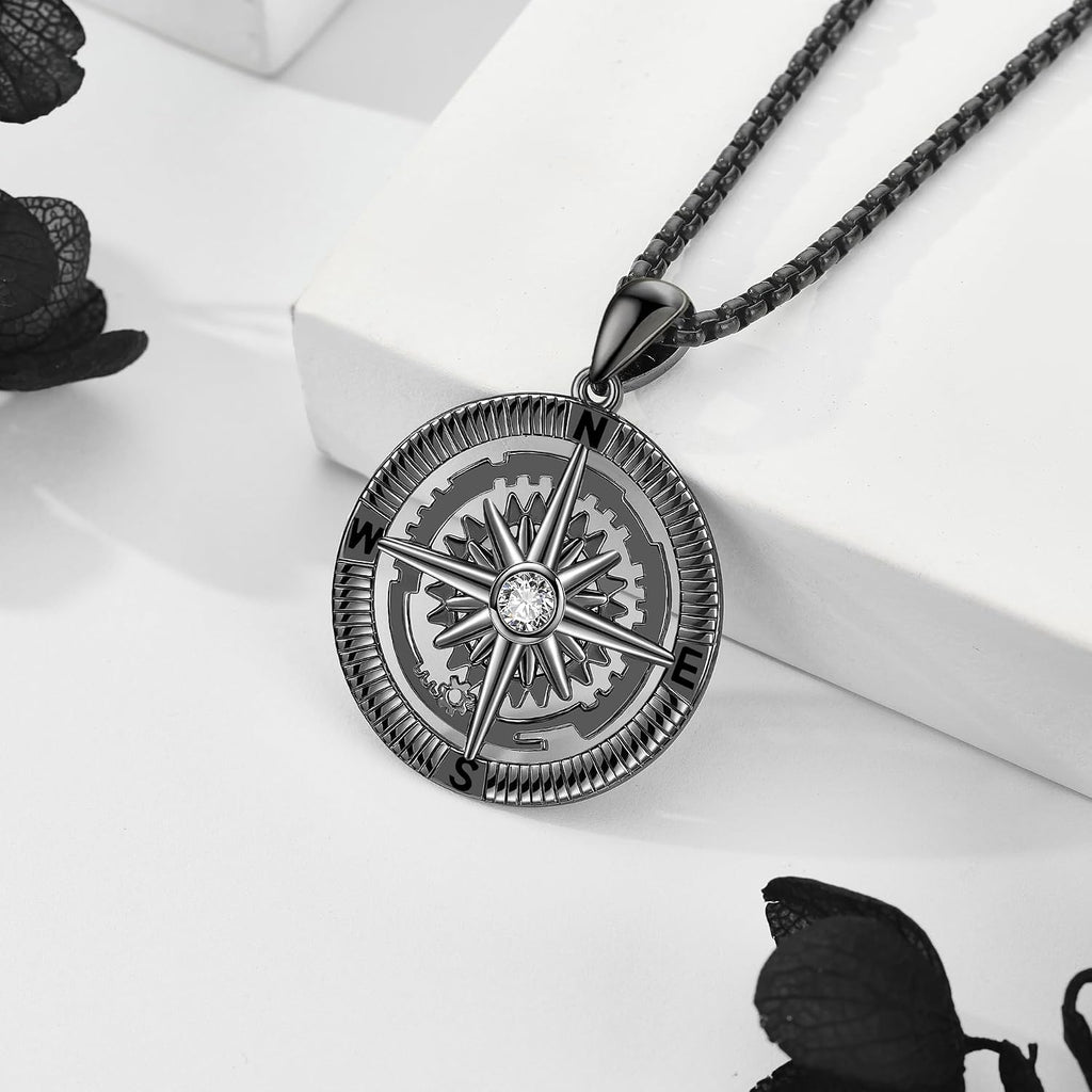 925 Sterling Silver Compass Pendant Necklace - Graduation Jewelry Gift for Men and Women
