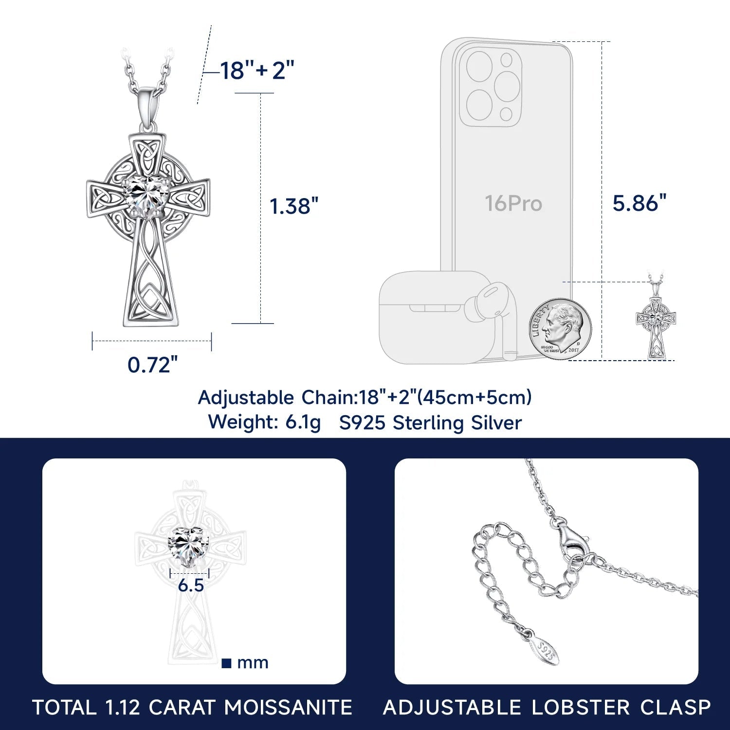 1 Carat Moissanite Cross Necklace for Women 925 Sterling Silver Easter Christian Mother'S Day Gifts - thewrightstore