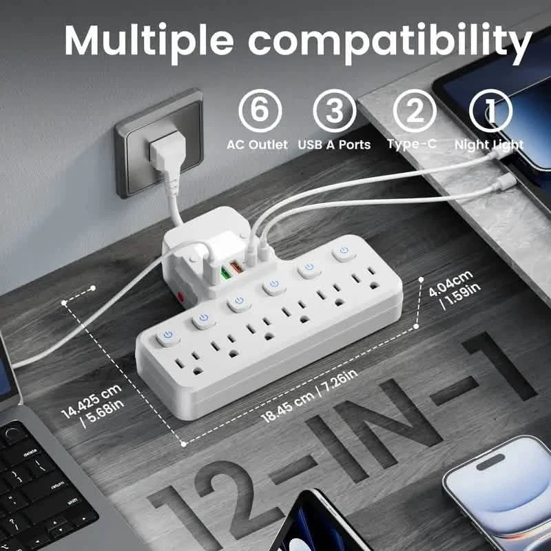 12 - in - 1 Adjustable Desk Lamp Power Strip – 6 AC Outlets, 3 USB - A & 2 Type - C Ports, Surge Protection - thewrightstore
