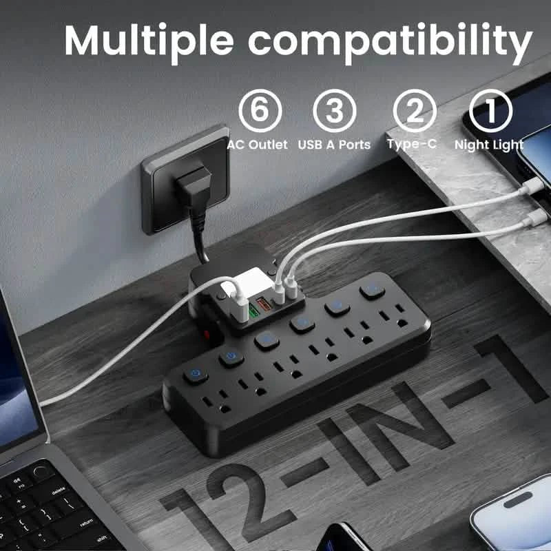 12 - in - 1 Adjustable Desk Lamp Power Strip – 6 AC Outlets, 3 USB - A & 2 Type - C Ports, Surge Protection - thewrightstore
