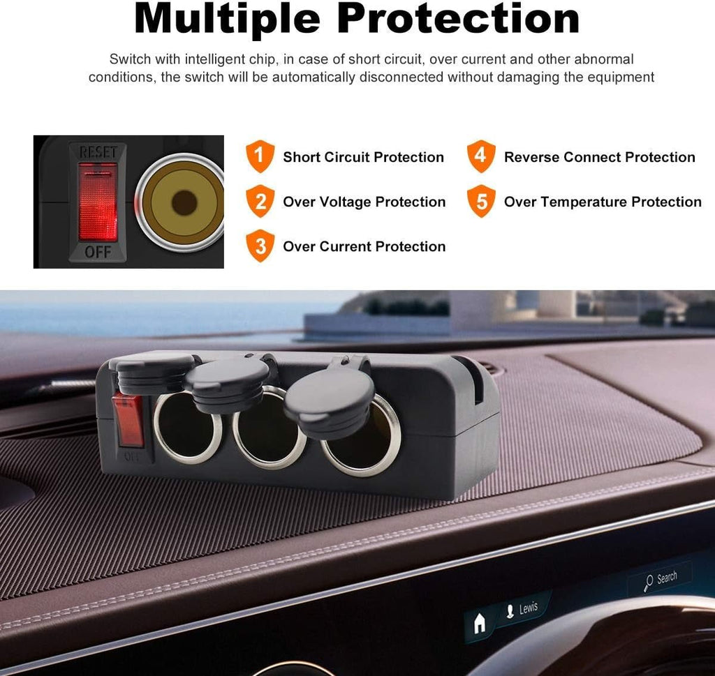 12V Power Outlet Adapter with 3 Socket Cigarette Lighter Splitter and LED On/Off Switches for Automotive and Marine Use - thewrightstore