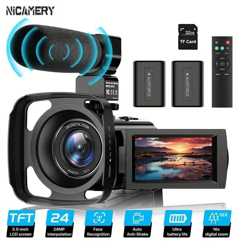 16x Zoom 1080P HD Digital Camera Bundle with 2 Batteries, 32G TF Card, Mic, Hood & Bag - thewrightstore