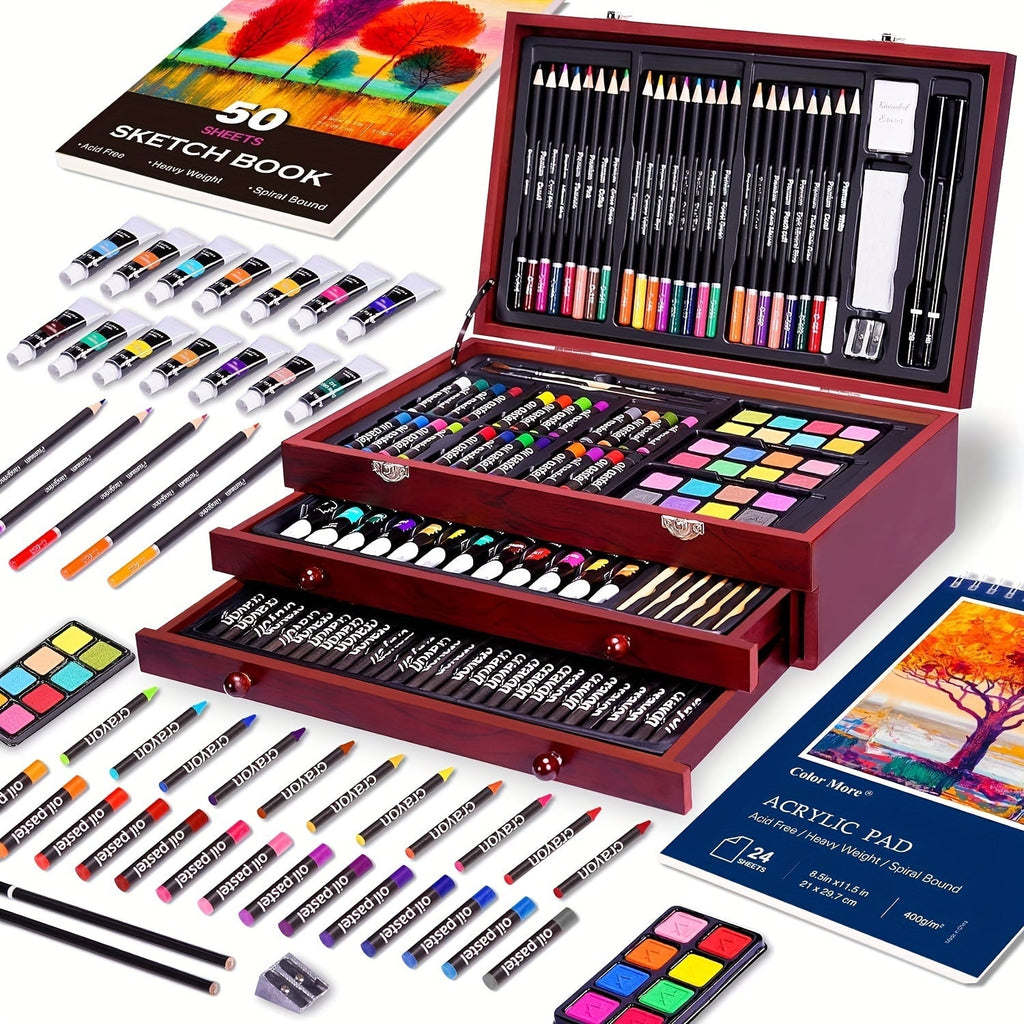 175 - Piece Deluxe Art Set – Crayons, Colored Pencils & Acrylic Paints in Wooden Case - thewrightstore