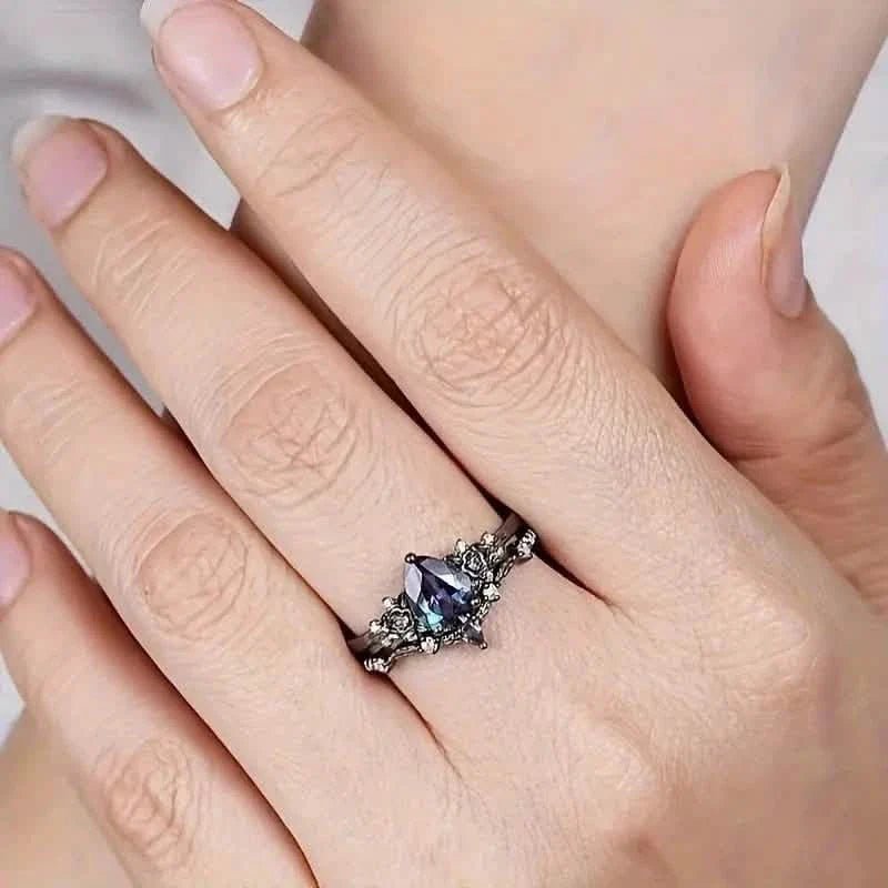 2 - Piece Set: Gothic Black & Golden Engagement Ring Set with Pear - Shaped Cubic Zirconia - thewrightstore