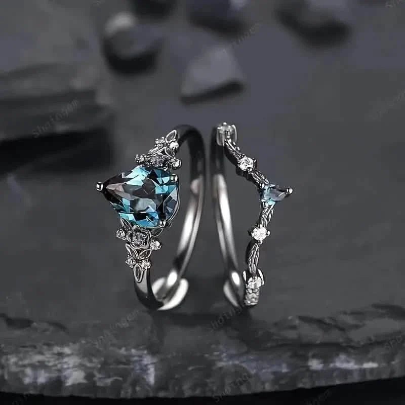 2 - Piece Set: Gothic Black & Golden Engagement Ring Set with Pear - Shaped Cubic Zirconia - thewrightstore