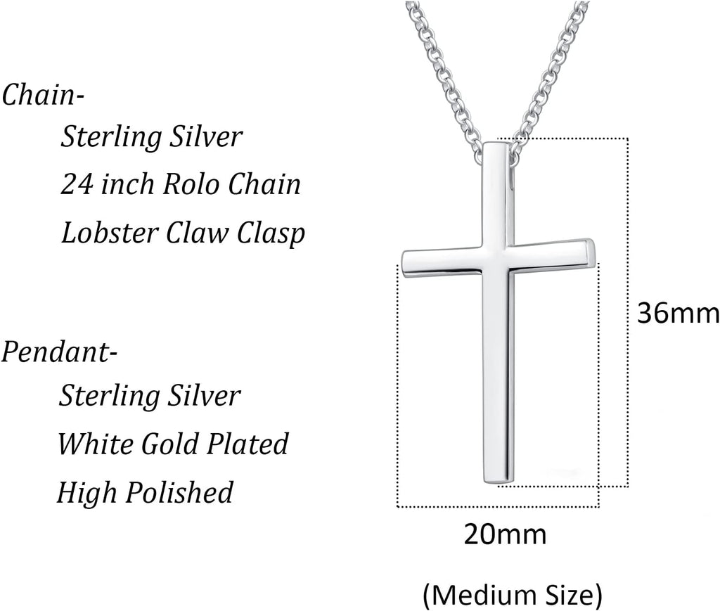 Carleen White Gold Plated Solid Sterling Silver Large Men's Classic Cross Pendant Necklace with 24-Inch Rolo Chain and Lobster Clasp - Ideal Faith-Based Gift for Men, Boys, and Sons