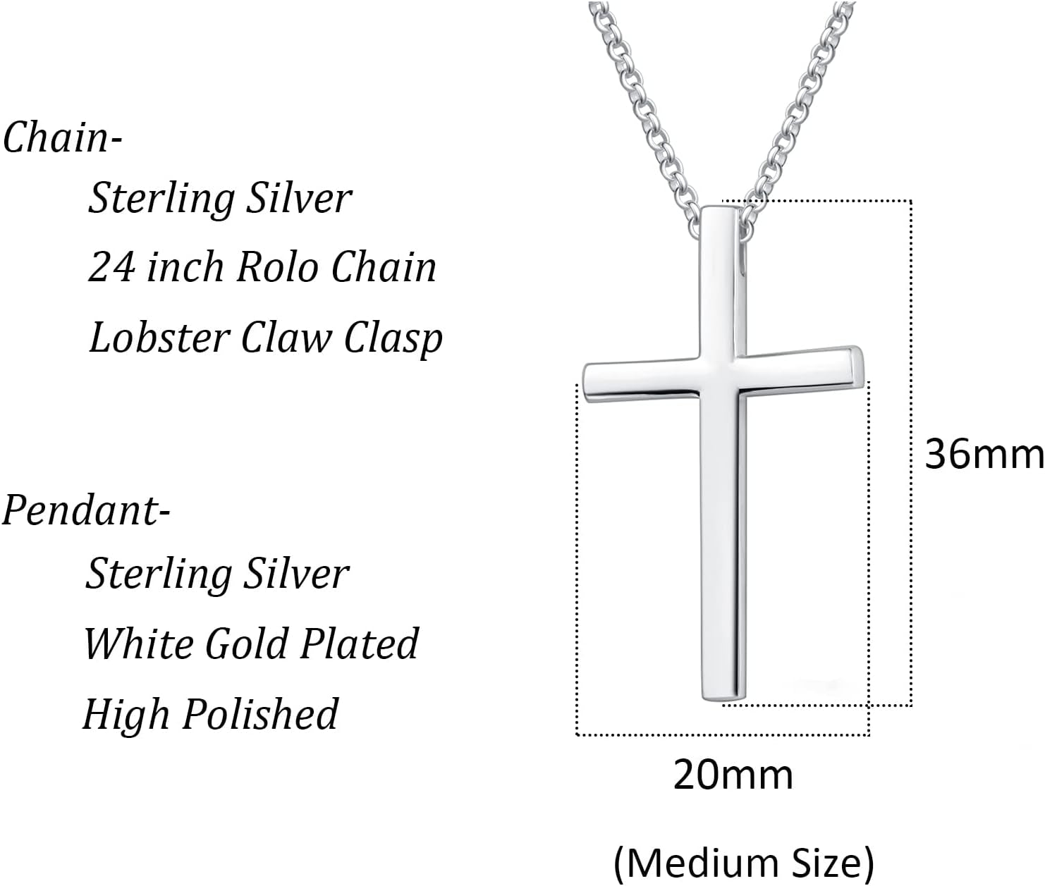 Carleen White Gold Plated Solid Sterling Silver Large Men's Classic Cross Pendant Necklace with 24-Inch Rolo Chain and Lobster Clasp - Ideal Faith-Based Gift for Men, Boys, and Sons