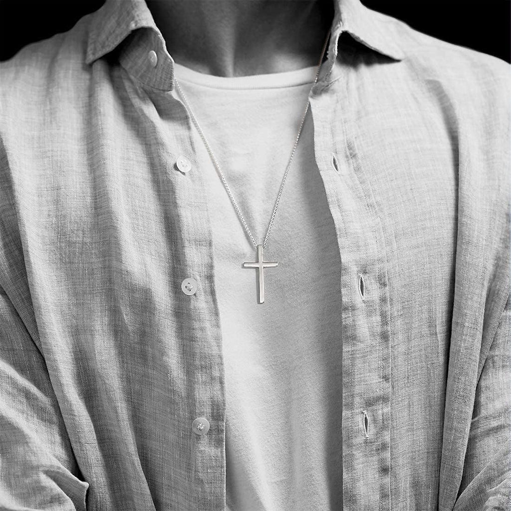 Carleen White Gold Plated Solid Sterling Silver Large Men's Classic Cross Pendant Necklace with 24-Inch Rolo Chain and Lobster Clasp - Ideal Faith-Based Gift for Men, Boys, and Sons