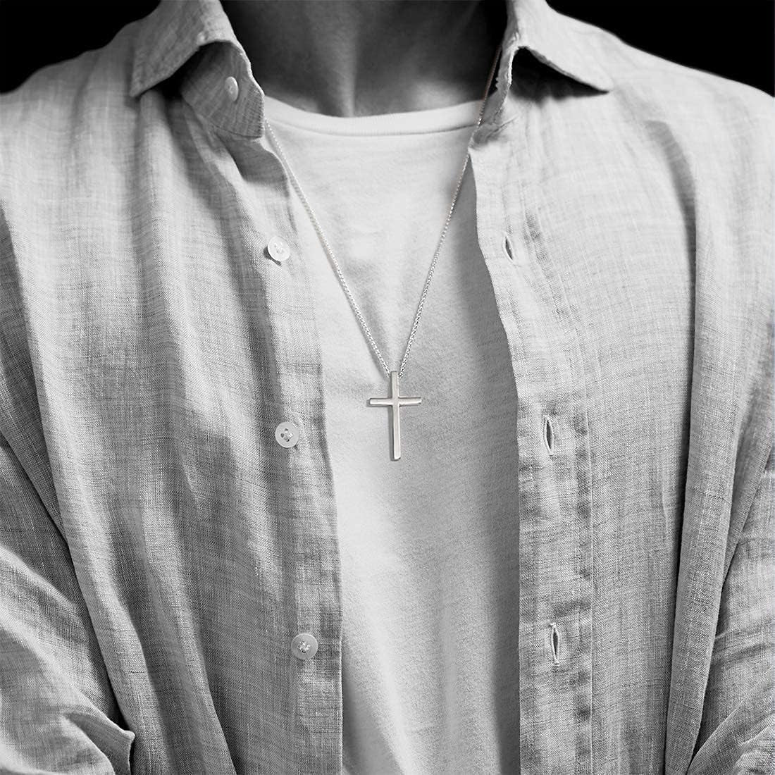 Carleen White Gold Plated Solid Sterling Silver Large Men's Classic Cross Pendant Necklace with 24-Inch Rolo Chain and Lobster Clasp - Ideal Faith-Based Gift for Men, Boys, and Sons