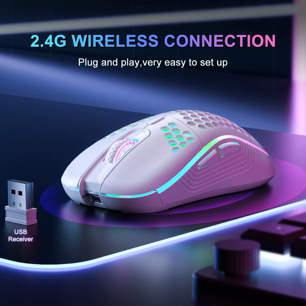 2.4G Wireless Mouse with RGB Backlit 6 - Button 3 - Speed DPI Type C Rechargeable Ergonomic Honeycomb Design Gaming Mouse.