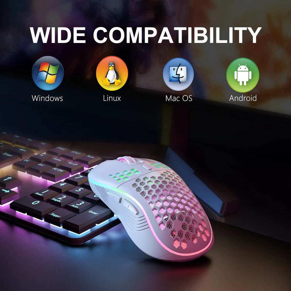 2.4G Wireless Mouse with RGB Backlit 6 - Button 3 - Speed DPI Type C Rechargeable Ergonomic Honeycomb Design Gaming Mouse.