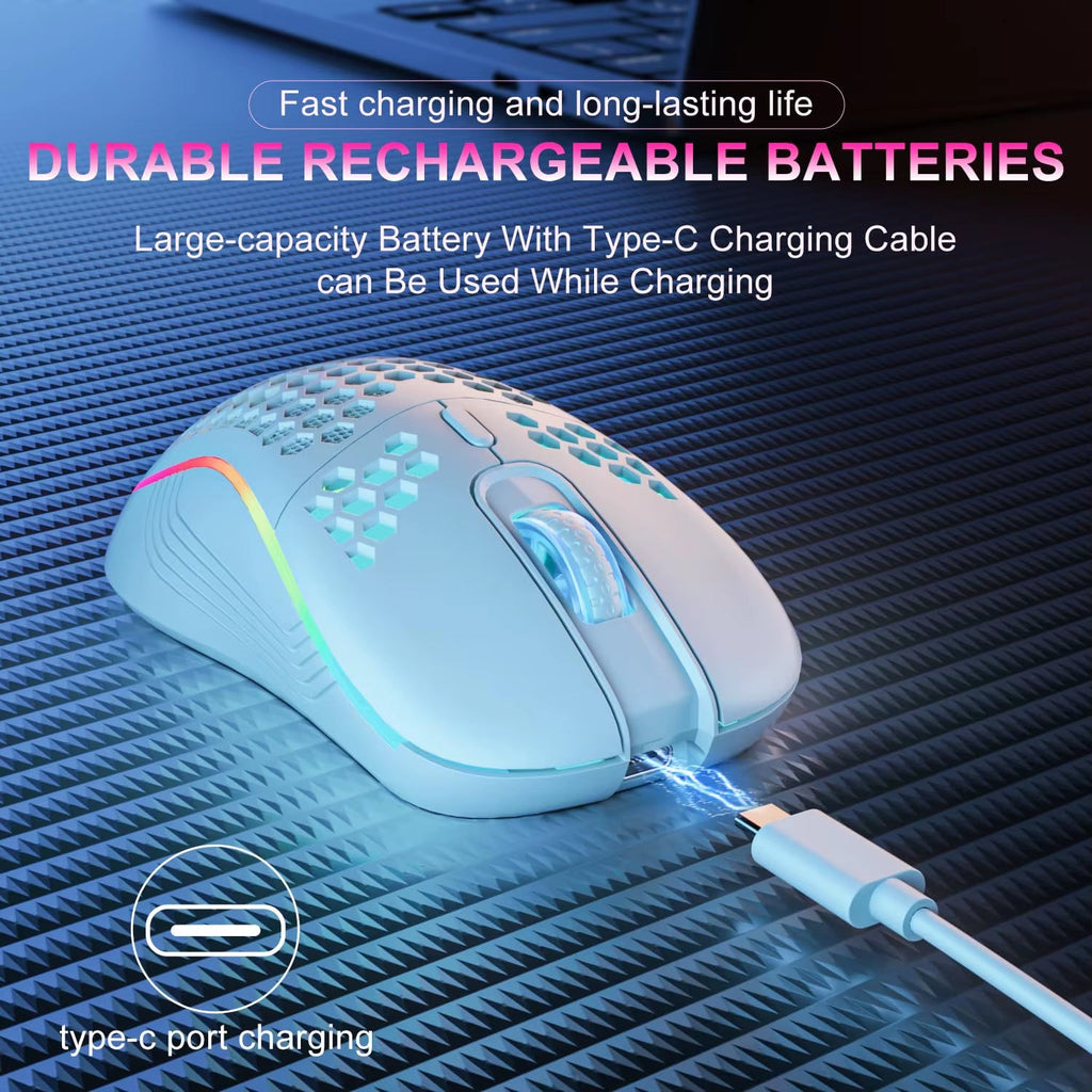 2.4G Wireless Mouse with RGB Backlit 6 - Button 3 - Speed DPI Type C Rechargeable Ergonomic Honeycomb Design Gaming Mouse.