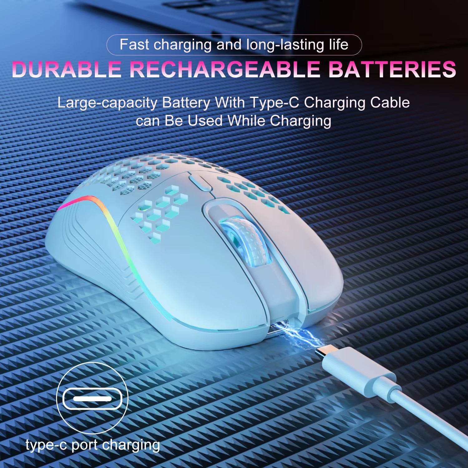 2.4G Wireless Mouse with RGB Backlit 6 - Button 3 - Speed DPI Type C Rechargeable Ergonomic Honeycomb Design Gaming Mouse.