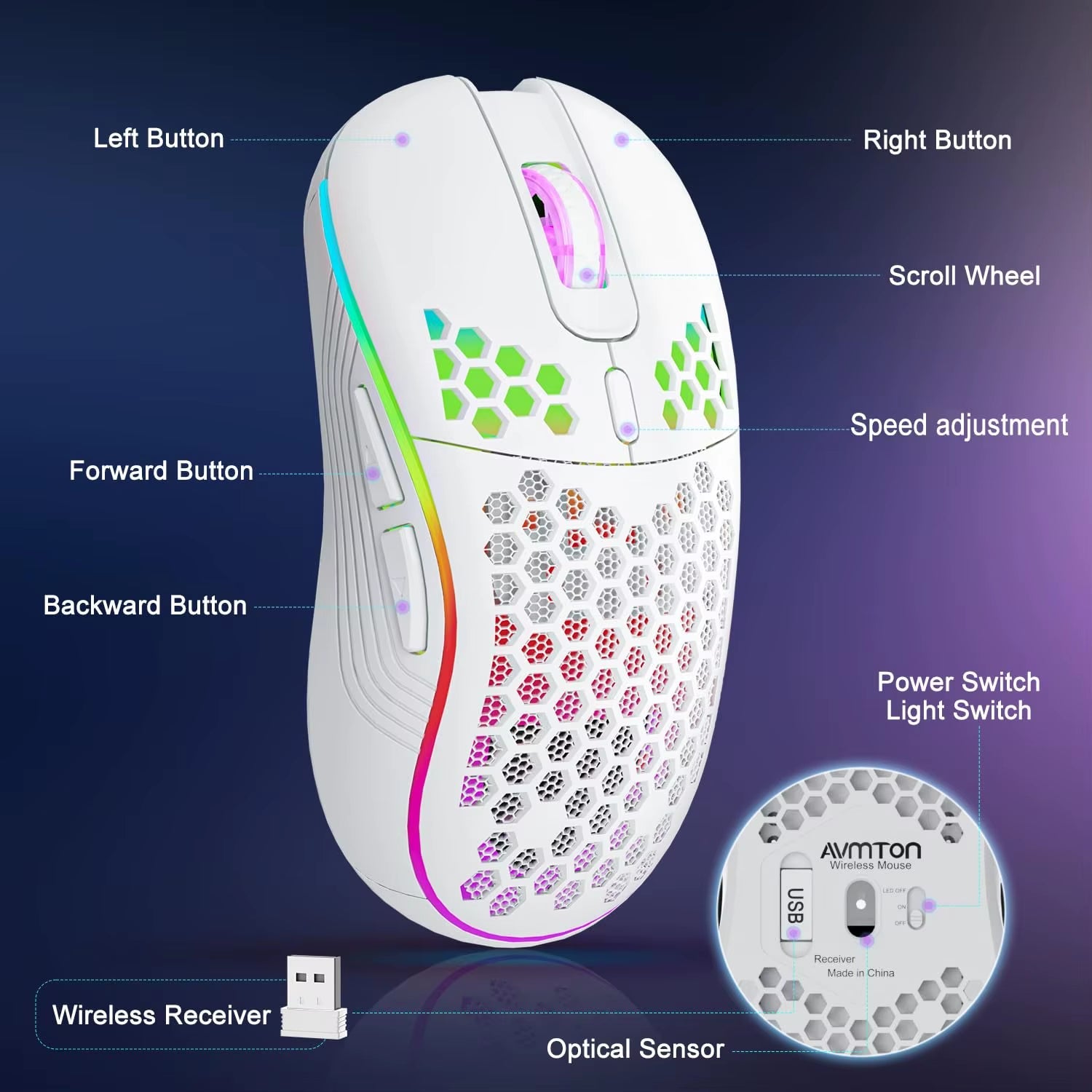2.4G Wireless Mouse with RGB Backlit 6 - Button 3 - Speed DPI Type C Rechargeable Ergonomic Honeycomb Design Gaming Mouse.