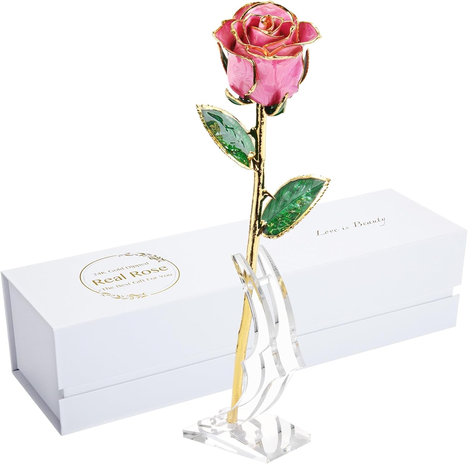 24K Gold - Dipped Real Rose with Stand - Exquisite Gift for Her and Perfect Present for Wives, Pink Finish - thewrightstore