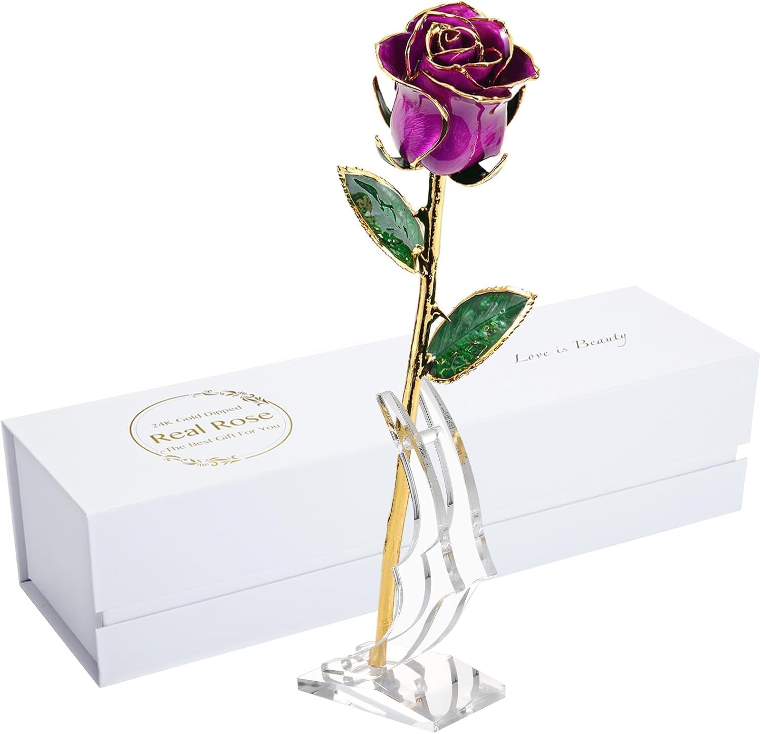 24K Gold - Dipped Real Rose with Stand - Exquisite Gift for Her and Perfect Present for Wives, Pink Finish - thewrightstore