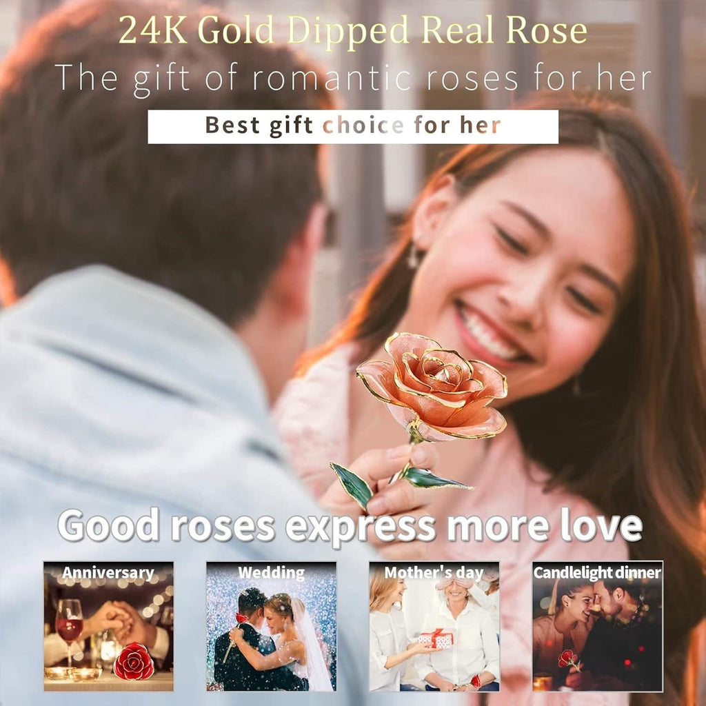 24K Gold - Dipped Real Rose with Stand - Exquisite Gift for Her and Perfect Present for Wives, Pink Finish - thewrightstore