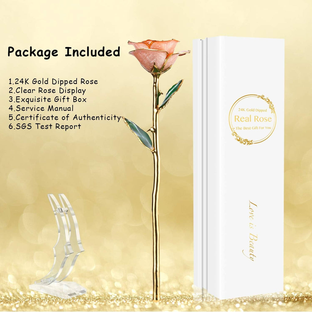 24K Gold - Dipped Real Rose with Stand - Exquisite Gift for Her and Perfect Present for Wives, Pink Finish - thewrightstore