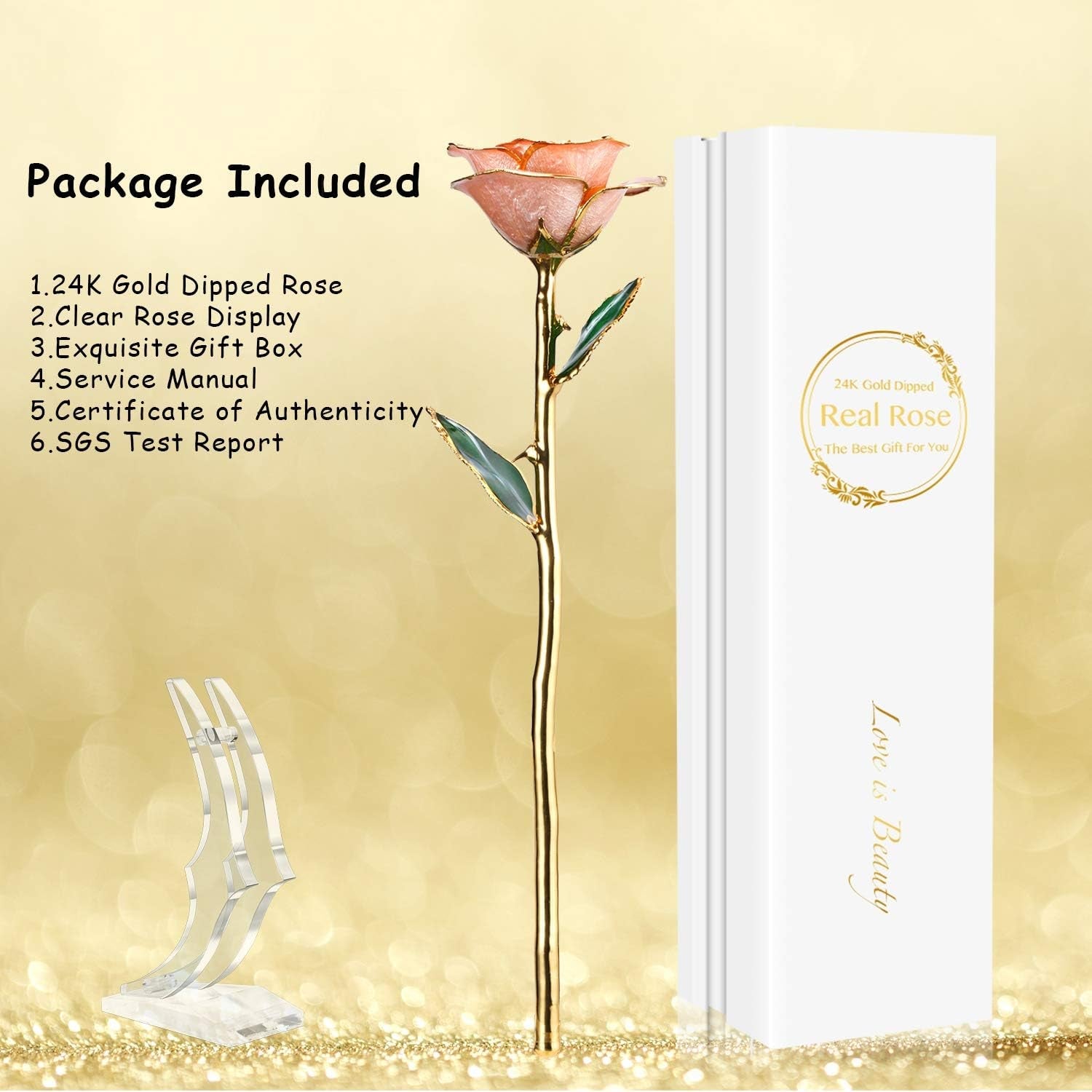 24K Gold - Dipped Real Rose with Stand - Exquisite Gift for Her and Perfect Present for Wives, Pink Finish - thewrightstore