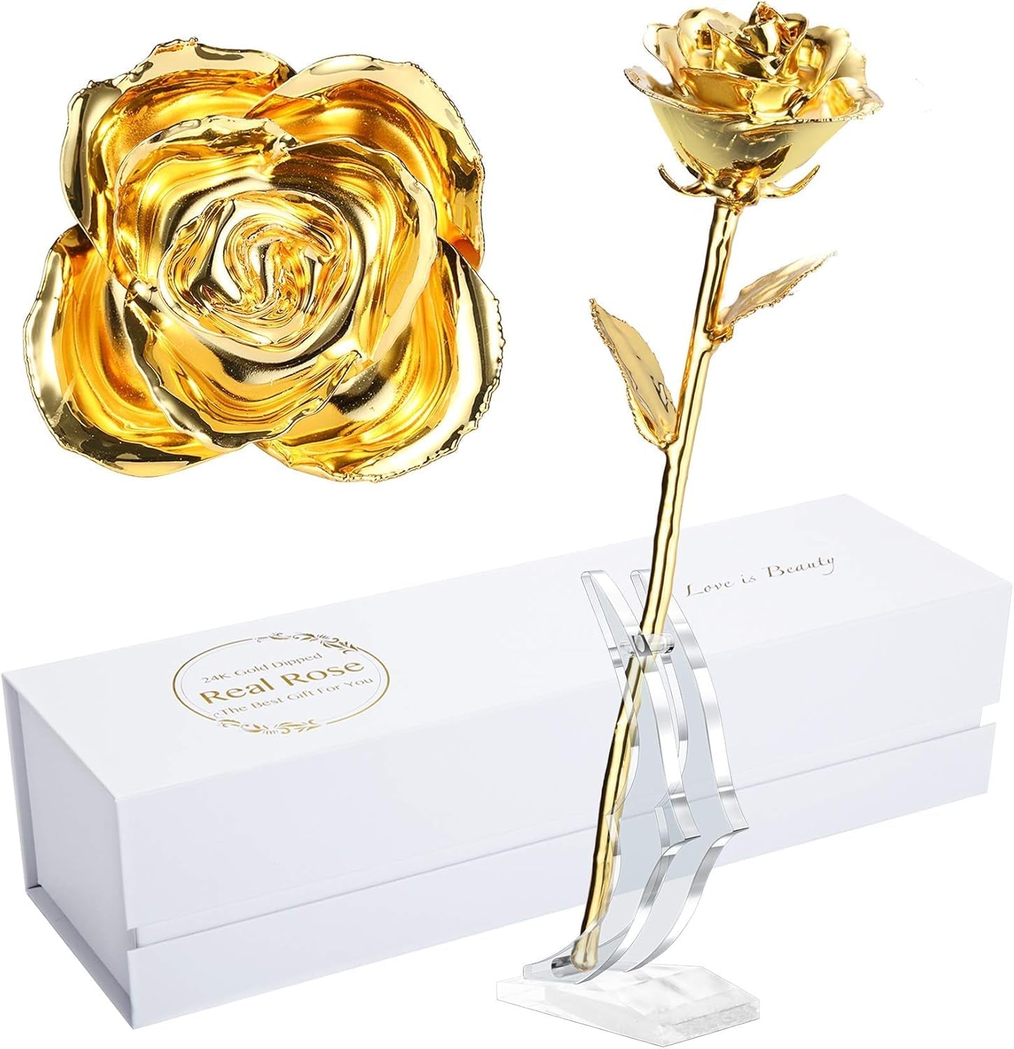 24K Gold - Dipped Real Rose with Stand - Exquisite Gift for Her and Perfect Present for Wives, Pink Finish - thewrightstore