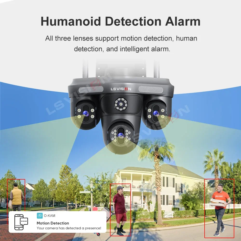 LS VISION Three Screen Camera WIFI 15MP 6K Three Lens Monitor Night Vision Security Protection 3 PTZ Lens Video Surveillance