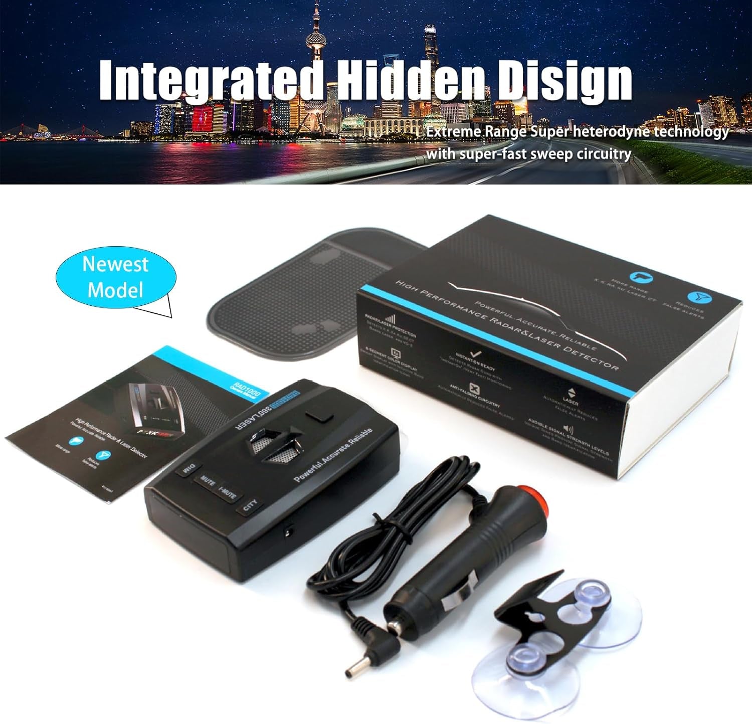 RAD1000 Advanced Laser and Radar Detector for Vehicles with Suction Cup Mount - Long Range Detection, Multi-Band Support (X/K/Ka/Ku/St/Ct), Laser Detection, Mute Memory, VG-2 Immunity, Multi-Mode Functionality, LED Display, Perfect Gift Option