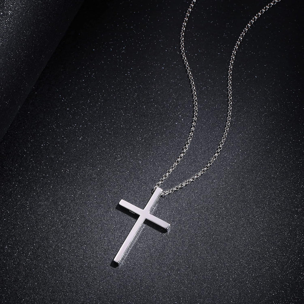 Carleen White Gold Plated Solid Sterling Silver Large Men's Classic Cross Pendant Necklace with 24-Inch Rolo Chain and Lobster Clasp - Ideal Faith-Based Gift for Men, Boys, and Sons