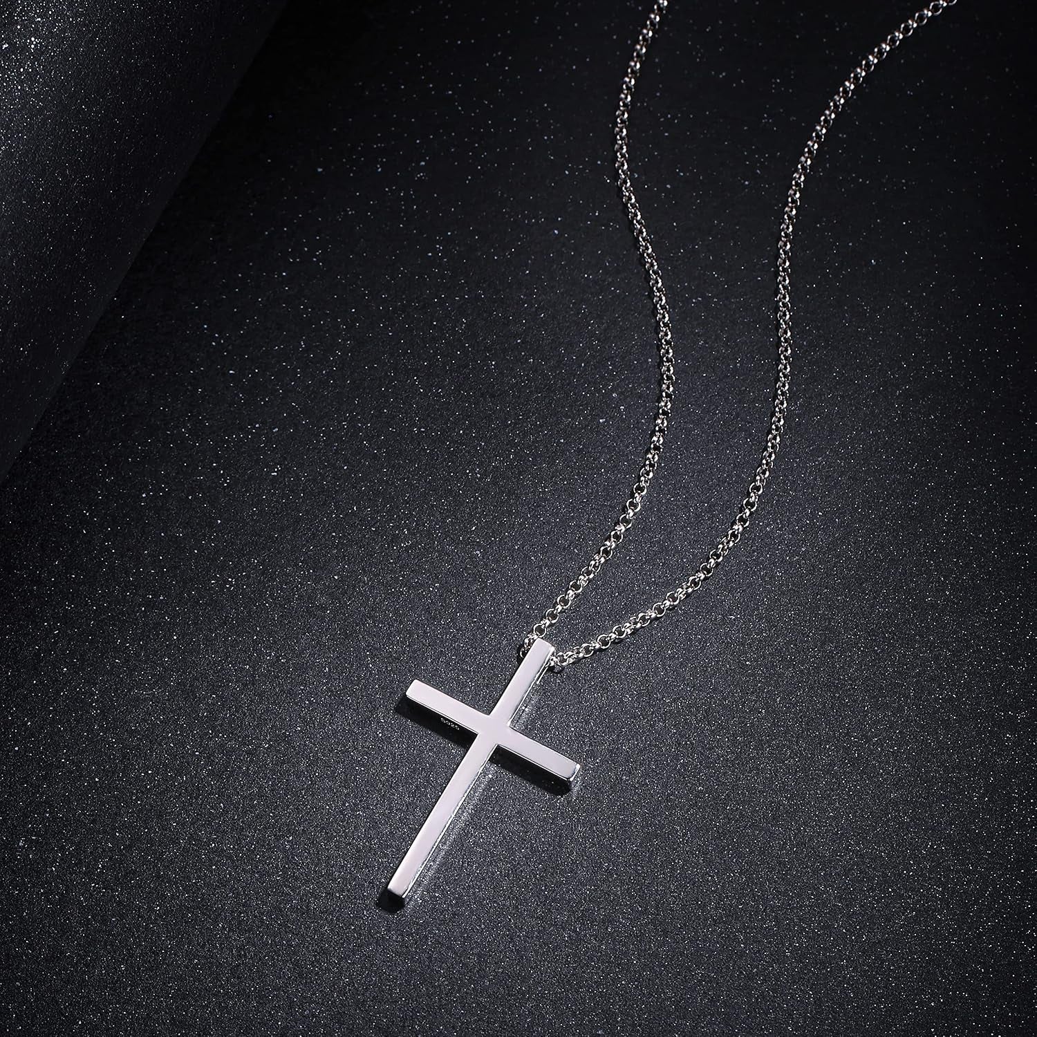 Carleen White Gold Plated Solid Sterling Silver Large Men's Classic Cross Pendant Necklace with 24-Inch Rolo Chain and Lobster Clasp - Ideal Faith-Based Gift for Men, Boys, and Sons