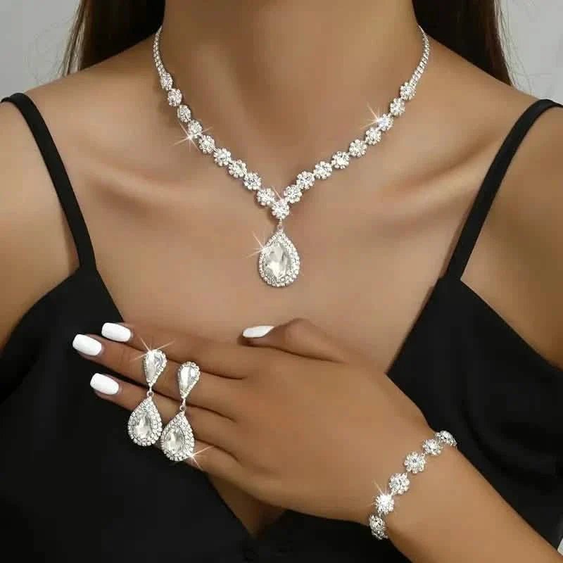 3 - Piece Set: Elegant Bridal Jewelry Set - Rhinestone - Encrusted Earrings, Necklace & Bracelet Combo - thewrightstore