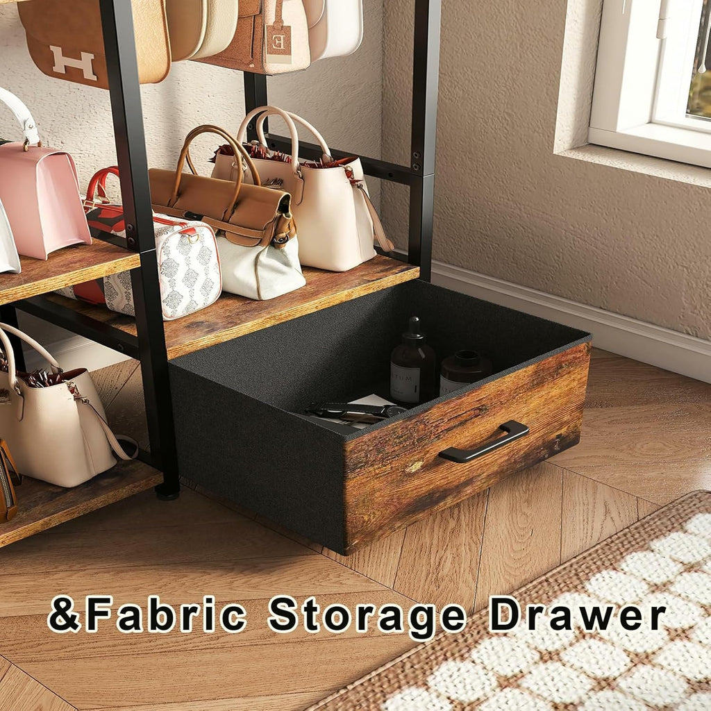 3-Tier Purse Rack with Pull-Out Drawer | Rustic Brown Stand Featuring 6 Side Hooks for Bags or Scarves - Space-Saving Organizer for Bedroom, Entryway, or Closet - thewrightstore
