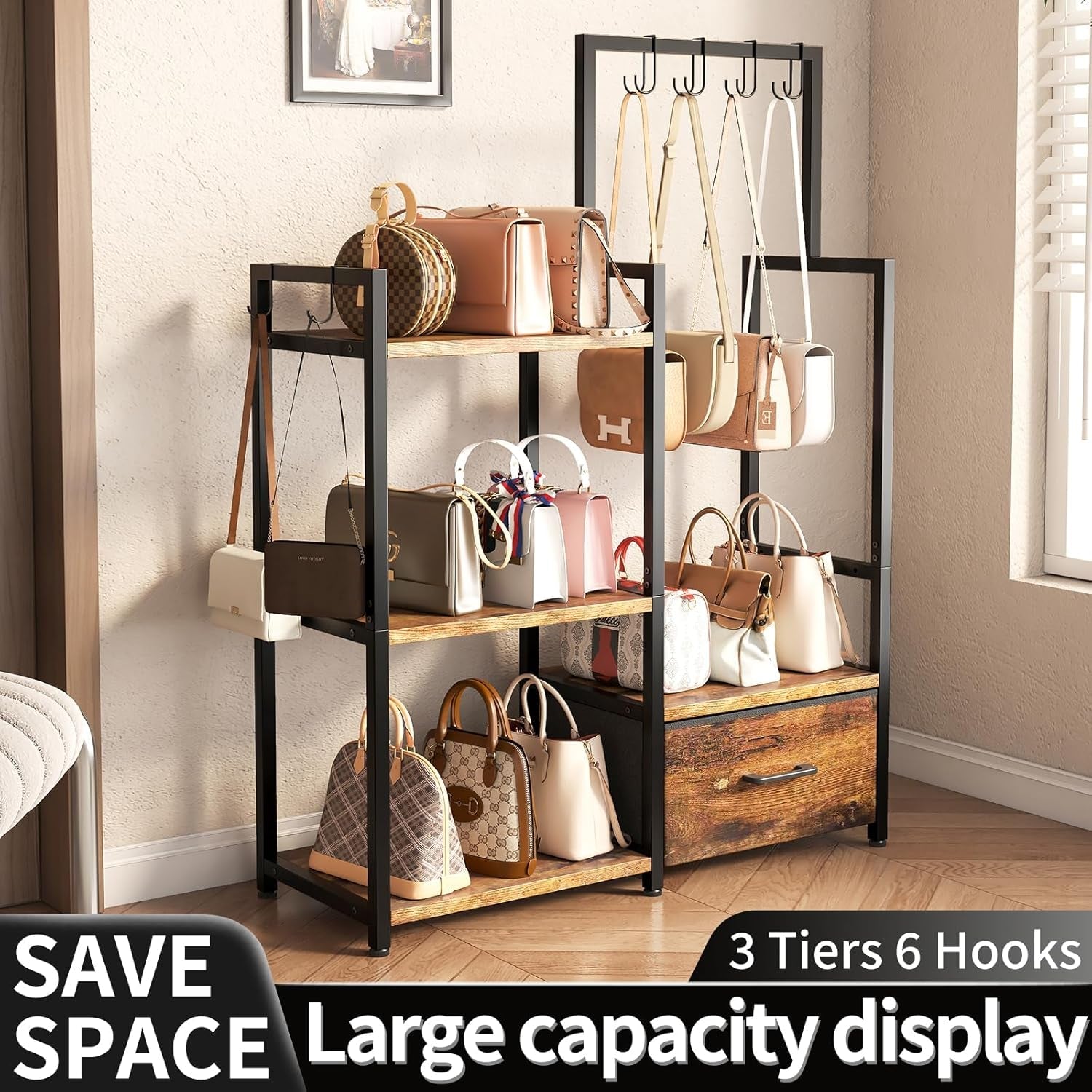 3-Tier Purse Rack with Pull-Out Drawer | Rustic Brown Stand Featuring 6 Side Hooks for Bags or Scarves - Space-Saving Organizer for Bedroom, Entryway, or Closet - thewrightstore