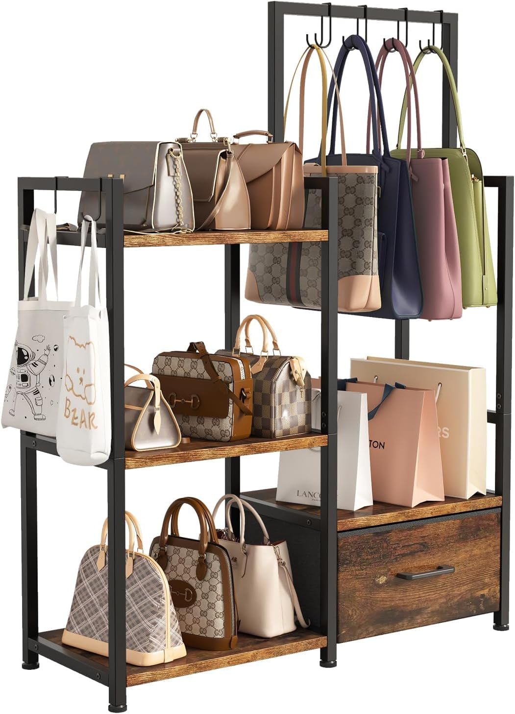 3-Tier Purse Rack with Pull-Out Drawer | Rustic Brown Stand Featuring 6 Side Hooks for Bags or Scarves - Space-Saving Organizer for Bedroom, Entryway, or Closet - thewrightstore