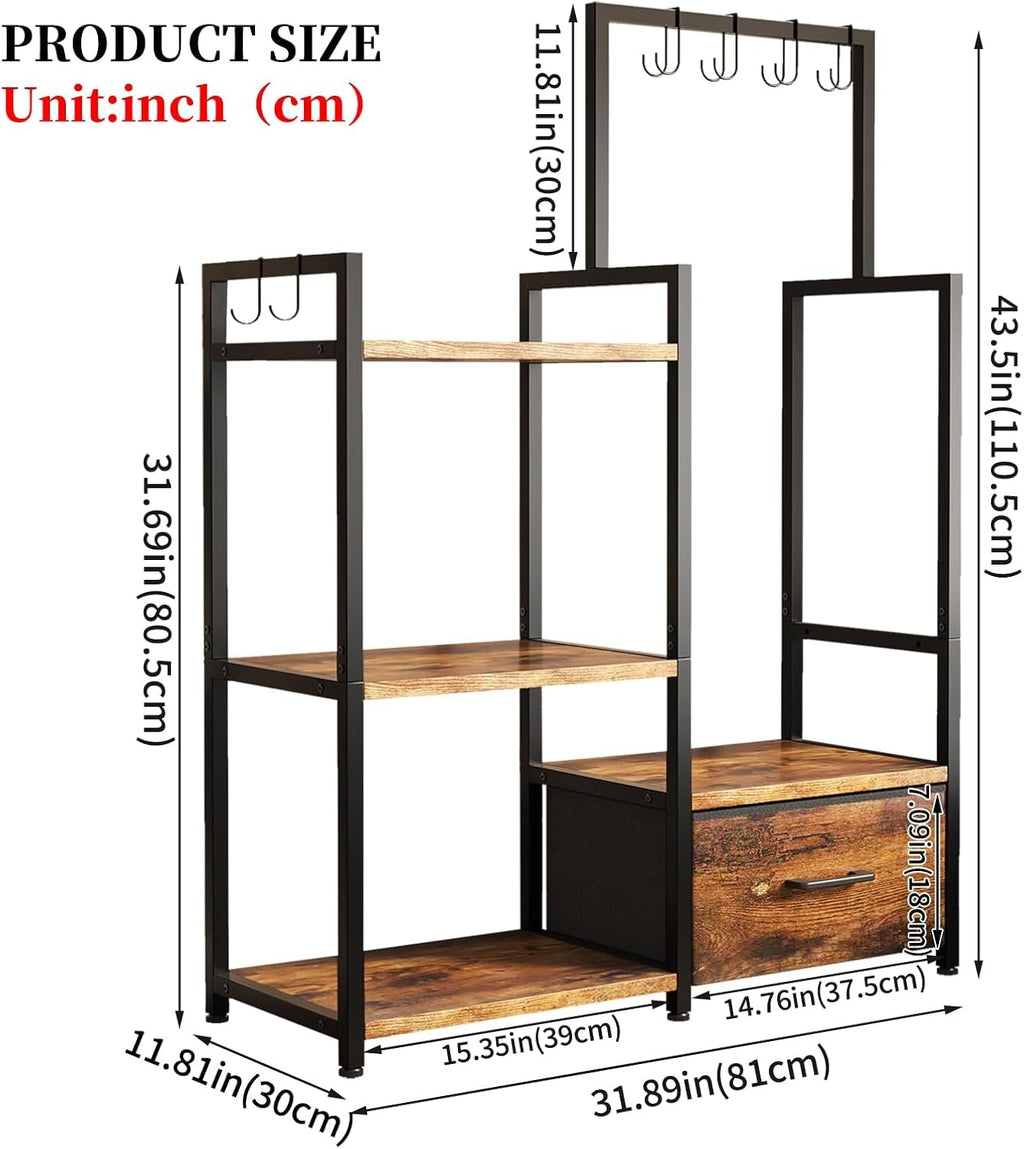 3-Tier Purse Rack with Pull-Out Drawer | Rustic Brown Stand Featuring 6 Side Hooks for Bags or Scarves - Space-Saving Organizer for Bedroom, Entryway, or Closet - thewrightstore