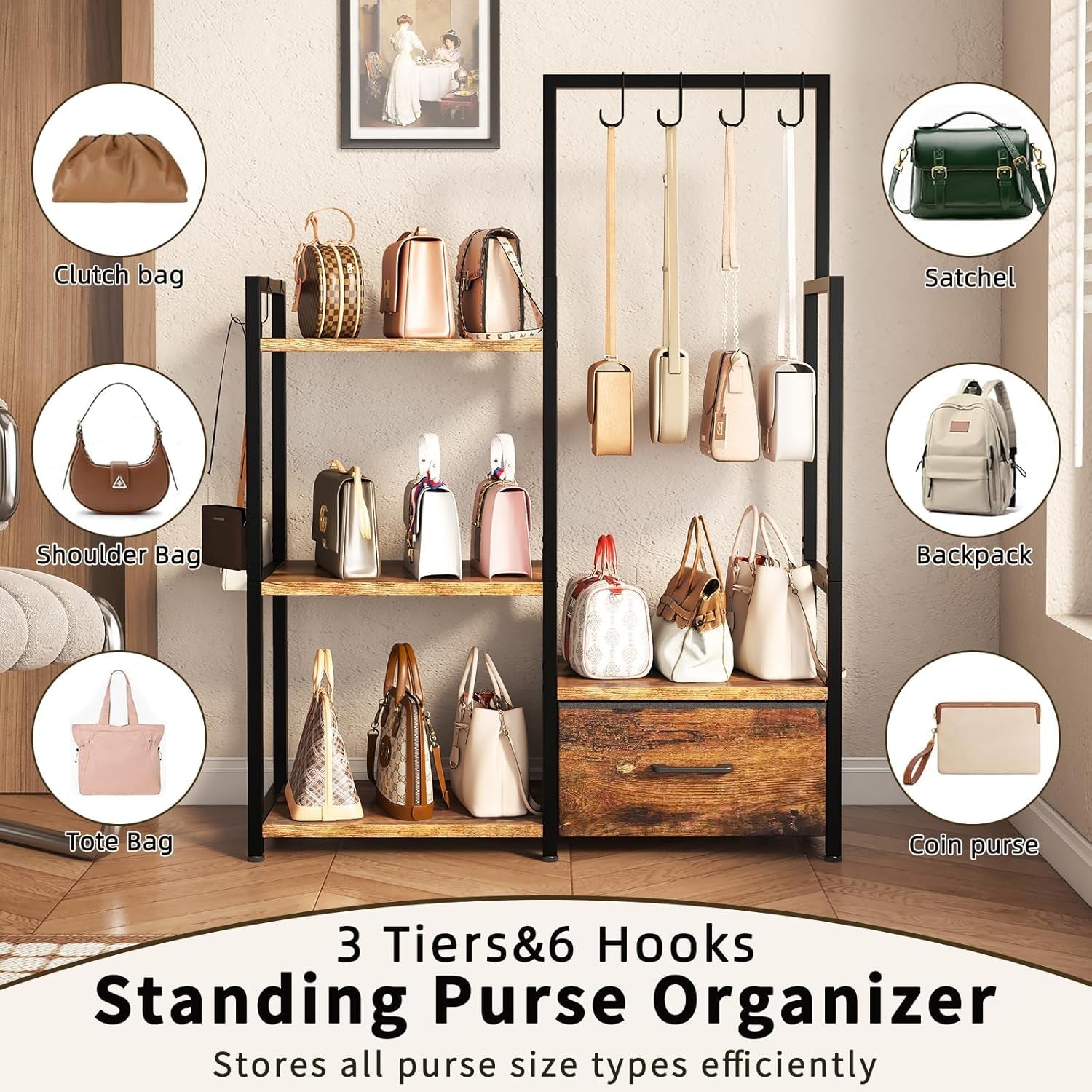 3-Tier Purse Rack with Pull-Out Drawer | Rustic Brown Stand Featuring 6 Side Hooks for Bags or Scarves - Space-Saving Organizer for Bedroom, Entryway, or Closet - thewrightstore