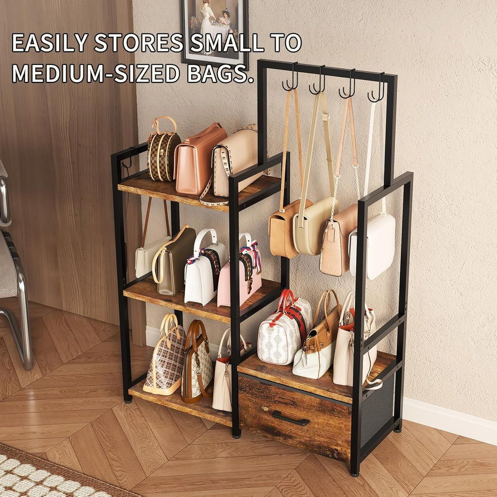 3-Tier Purse Rack with Pull-Out Drawer | Rustic Brown Stand Featuring 6 Side Hooks for Bags or Scarves - Space-Saving Organizer for Bedroom, Entryway, or Closet - thewrightstore