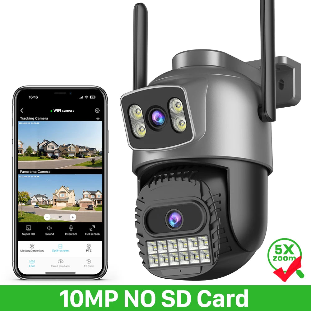 20MP 10K PTZ Wifi Camera Four Len 10X Zoom Surveillance Camera Outdoor 360°No Dead Angle Ultra Long Night Vision Security