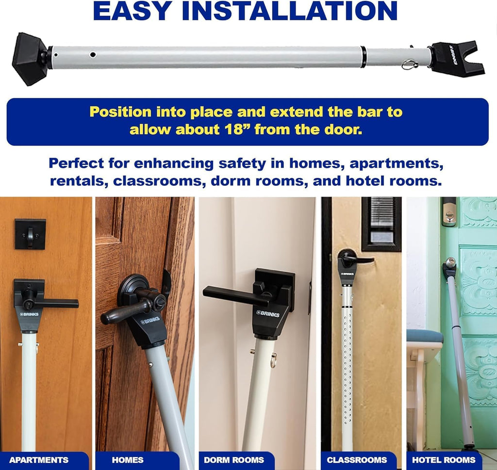 Brinks Adjustable Door Security Bar - 2 Pack for Enhanced Security at Home, School, and Travel - Suitable for Hinged and Sliding Doors - Silver Finish