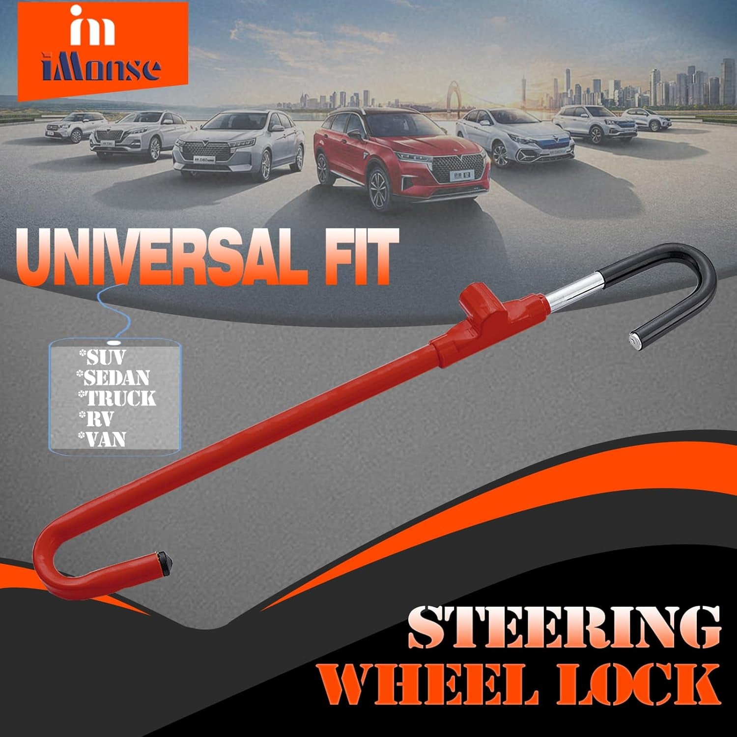 Steering Wheel Lock and Pedal Brake Lock Anti-Theft Security Device, Universal Fit (Red)