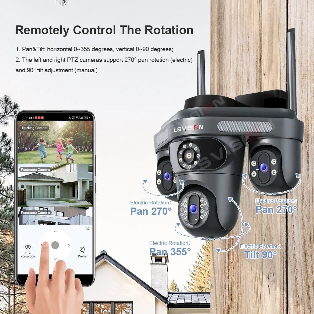 LS VISION Three Screen Camera WIFI 15MP 6K Three Lens Monitor Night Vision Security Protection 3 PTZ Lens Video Surveillance