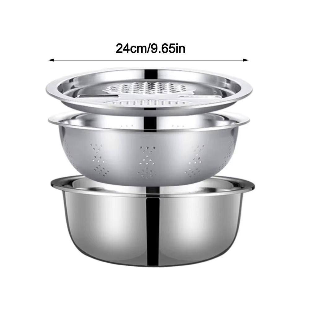 3Pcs/Set 3 - In - 1 Drain Wash Vegetables Basin with Strainer Sink Bowl Large Capacity Rice Wash Basin with Grater Cover.