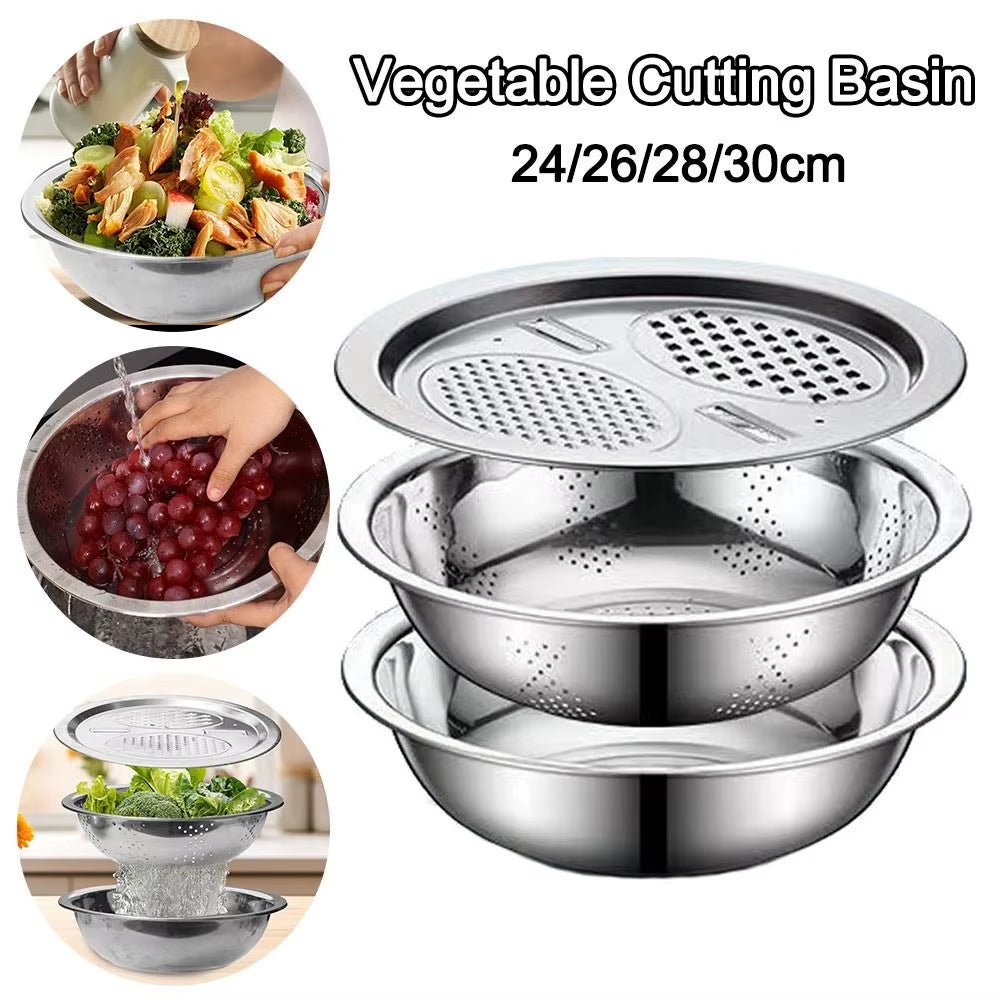 3Pcs/Set 3 - In - 1 Drain Wash Vegetables Basin with Strainer Sink Bowl Large Capacity Rice Wash Basin with Grater Cover.