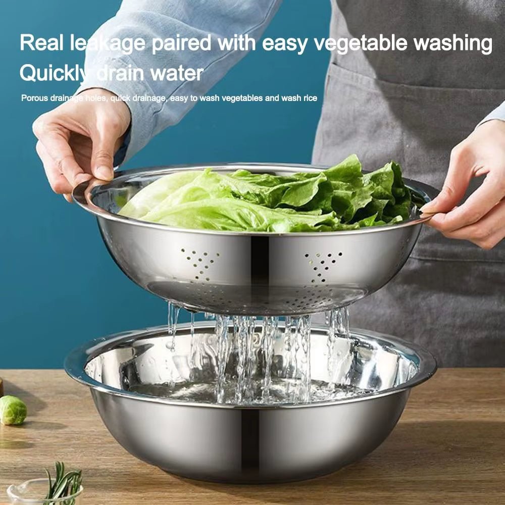 3Pcs/Set 3 - In - 1 Drain Wash Vegetables Basin with Strainer Sink Bowl Large Capacity Rice Wash Basin with Grater Cover.