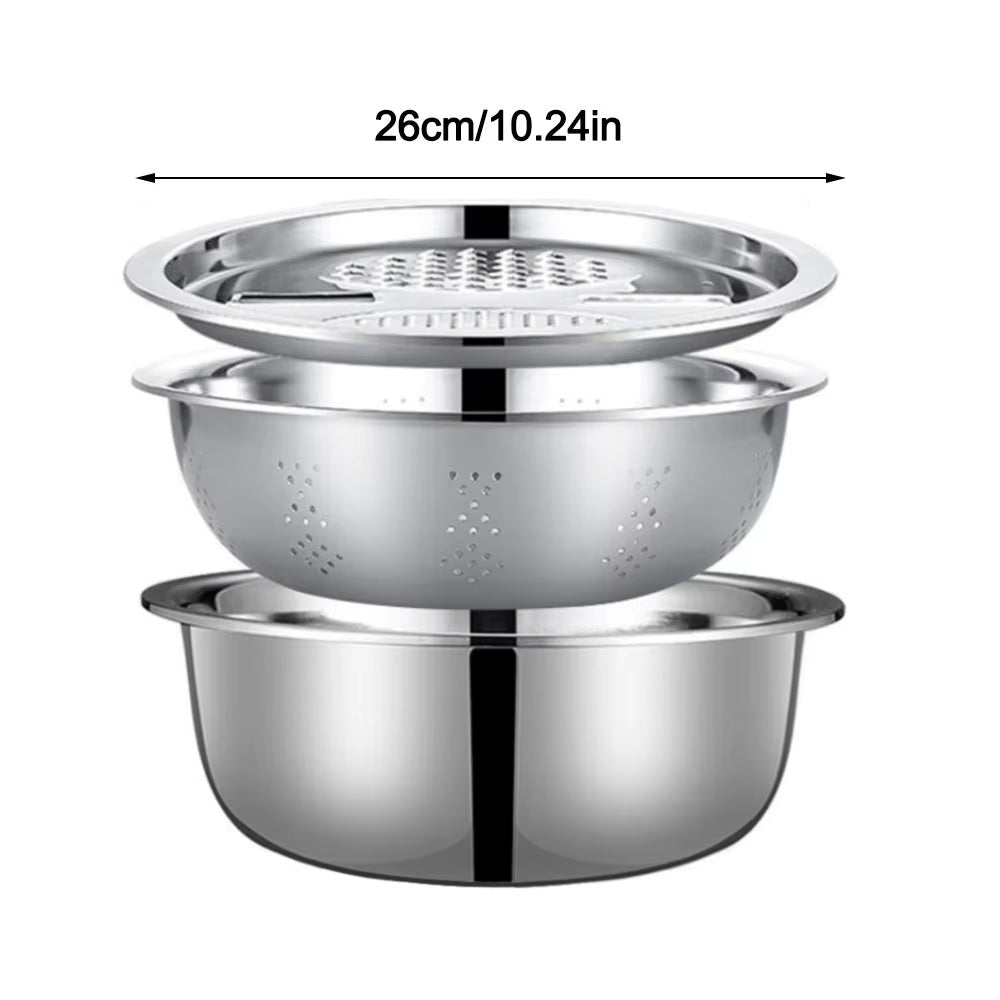 3Pcs/Set 3 - In - 1 Drain Wash Vegetables Basin with Strainer Sink Bowl Large Capacity Rice Wash Basin with Grater Cover.
