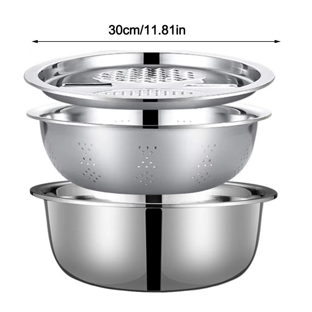 3Pcs/Set 3 - In - 1 Drain Wash Vegetables Basin with Strainer Sink Bowl Large Capacity Rice Wash Basin with Grater Cover.