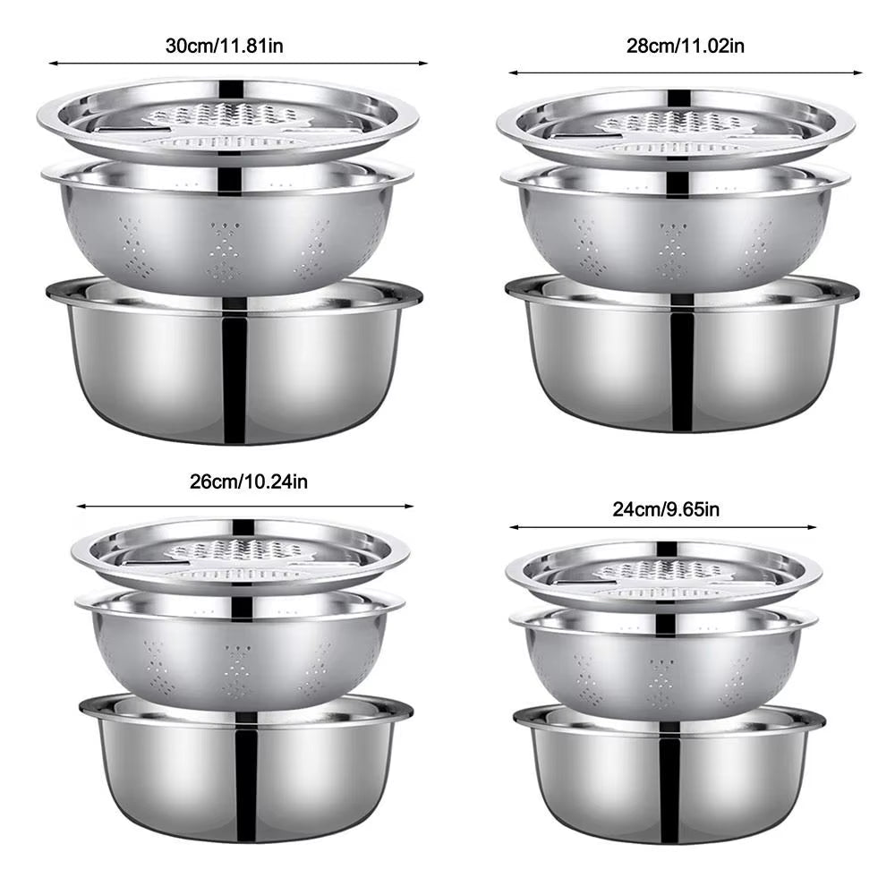 3Pcs/Set 3 - In - 1 Drain Wash Vegetables Basin with Strainer Sink Bowl Large Capacity Rice Wash Basin with Grater Cover.