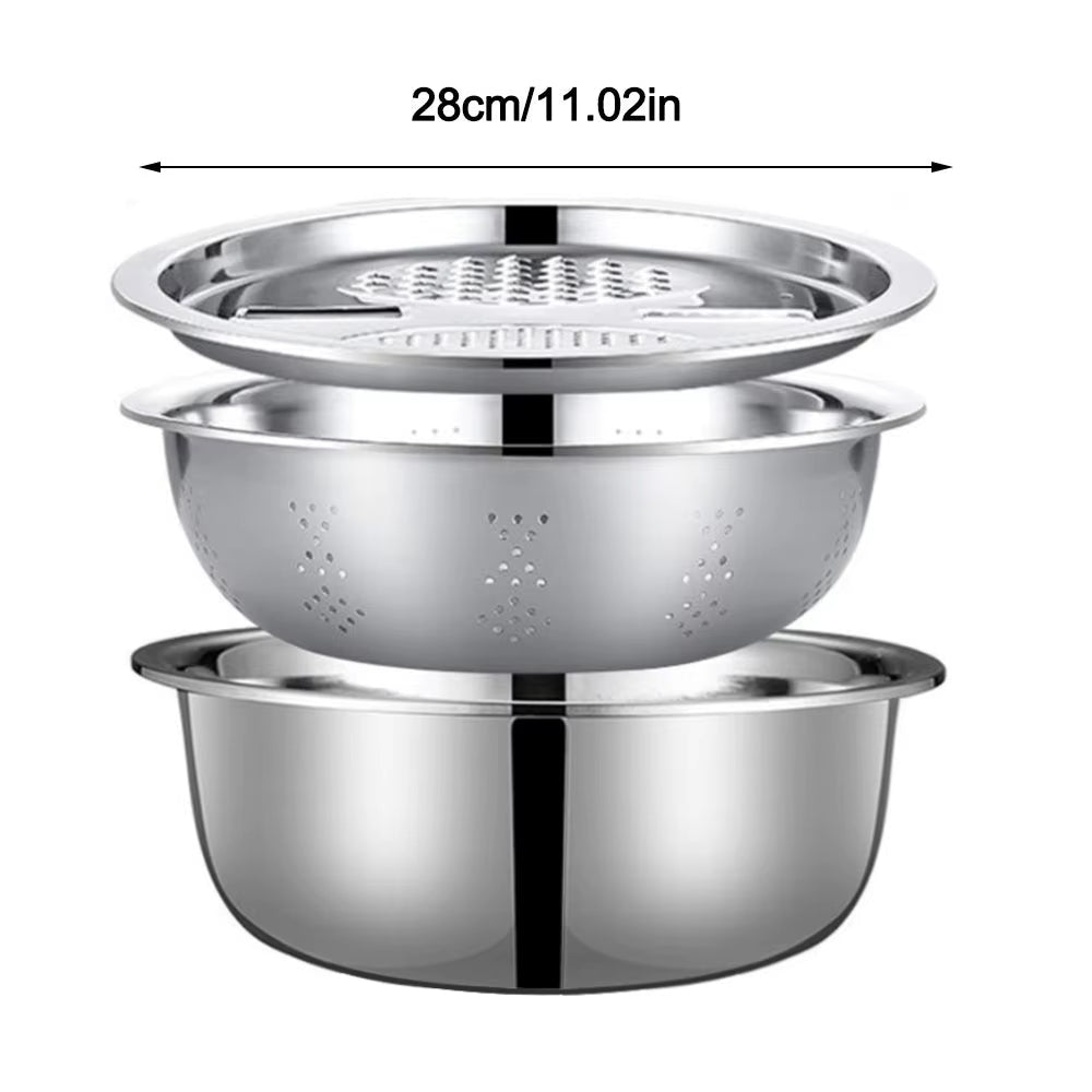 3Pcs/Set 3 - In - 1 Drain Wash Vegetables Basin with Strainer Sink Bowl Large Capacity Rice Wash Basin with Grater Cover.