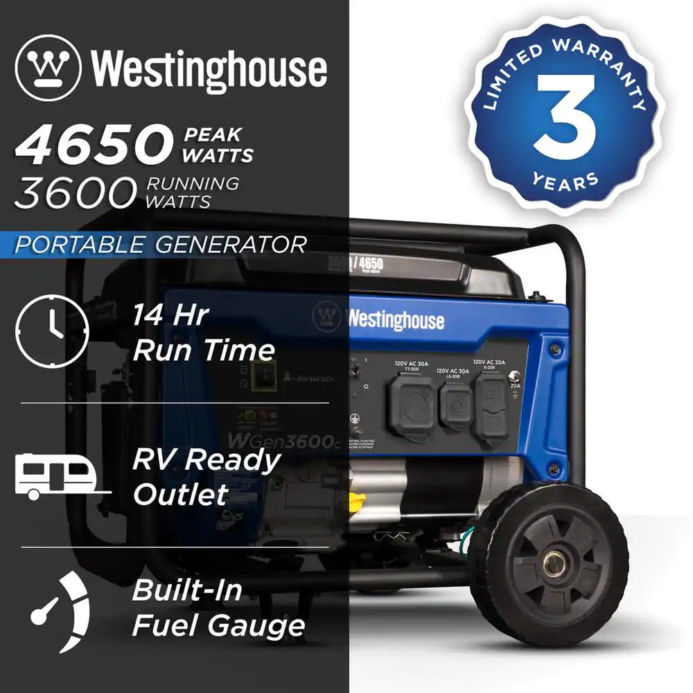 4,650/3,600 - Watt Recoil Start Gas Powered Portable Generator with Wheel and Handle Kit, CO Sensor - thewrightstore