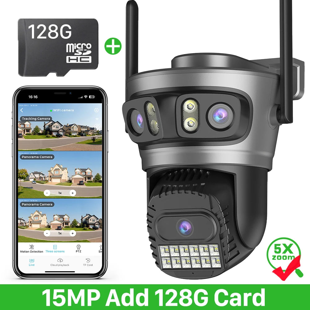 20MP 10K PTZ Wifi Camera Four Len 10X Zoom Surveillance Camera Outdoor 360°No Dead Angle Ultra Long Night Vision Security