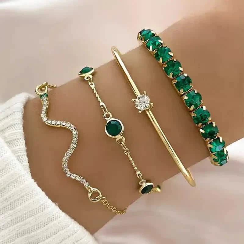 4pcs Green Emerald Rhinestone Snake Bracelet Set for Women - thewrightstore