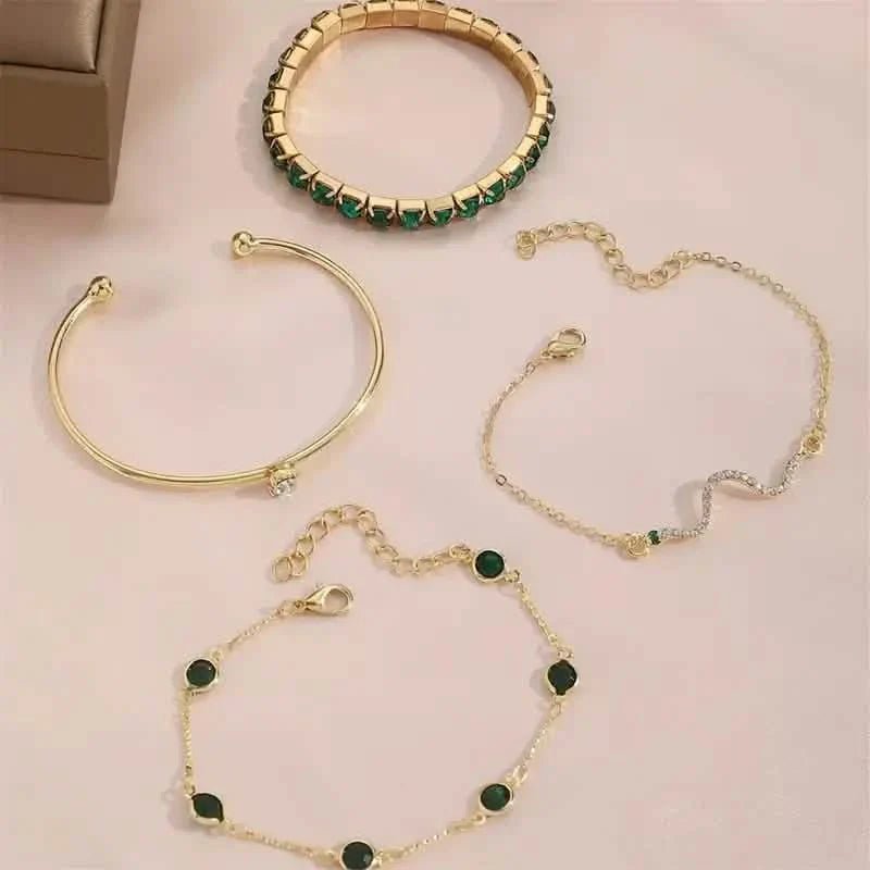 4pcs Green Emerald Rhinestone Snake Bracelet Set for Women - thewrightstore